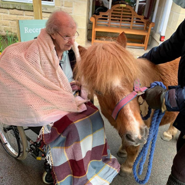 A resident at Headingley Hall meets one of the friendly ponies from Hope Pastures